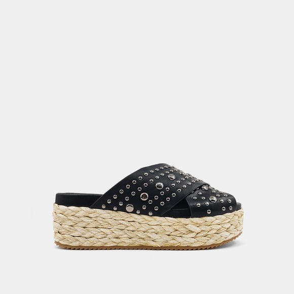 ShuShop KAIA Black Studded Women’s Sandals espadrille wedge metal studs NIB 11 - Picture 2 of 5